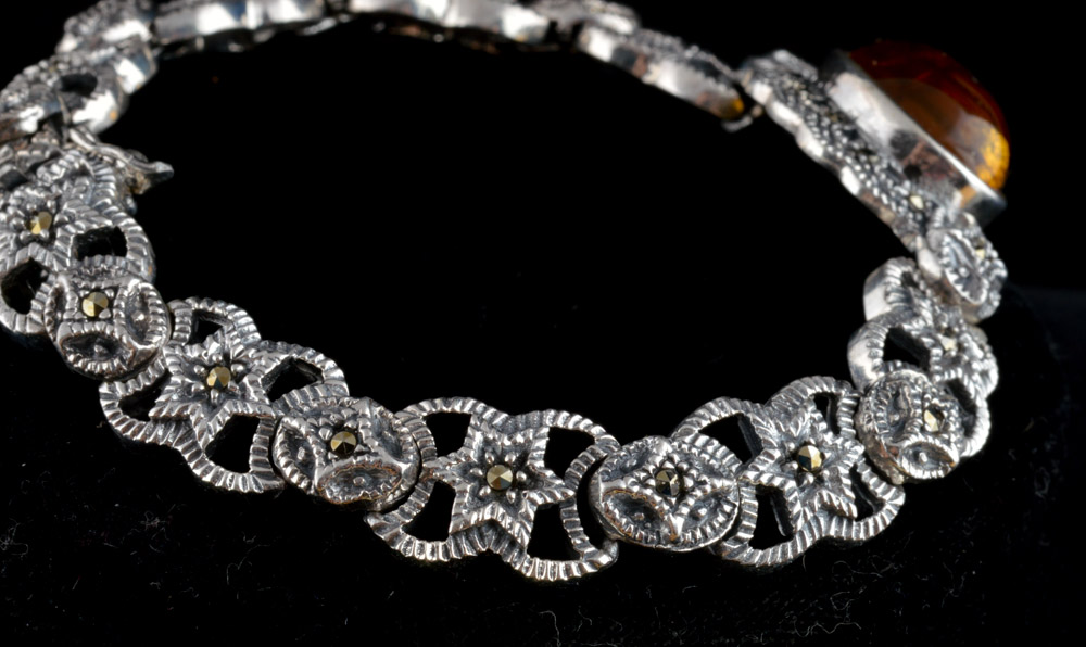 Sterling Silver Amber and Marcasite Bracelet