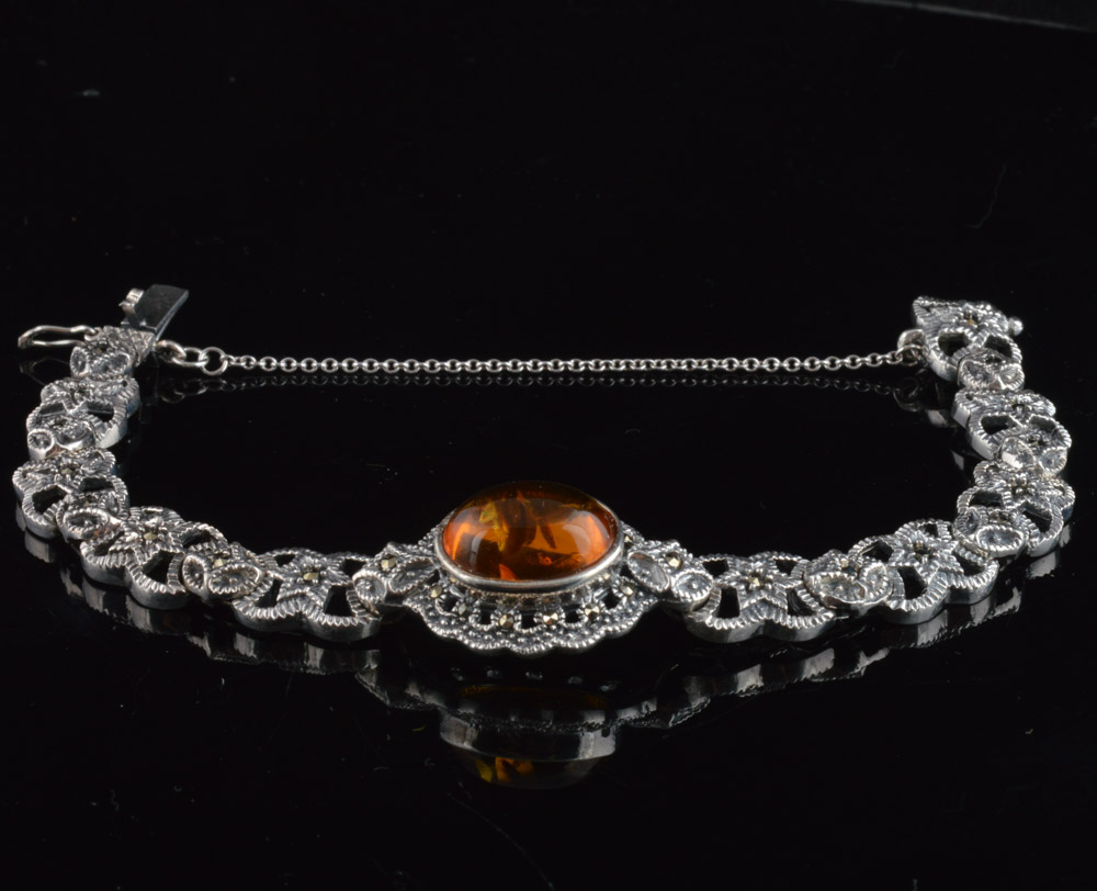 Sterling Silver Amber and Marcasite Bracelet