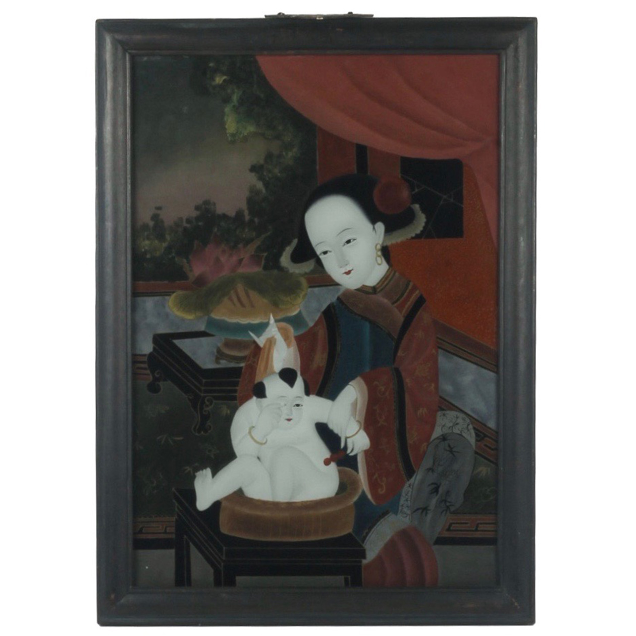 Chinese Églomisé Painting of a Woman Bathing Child