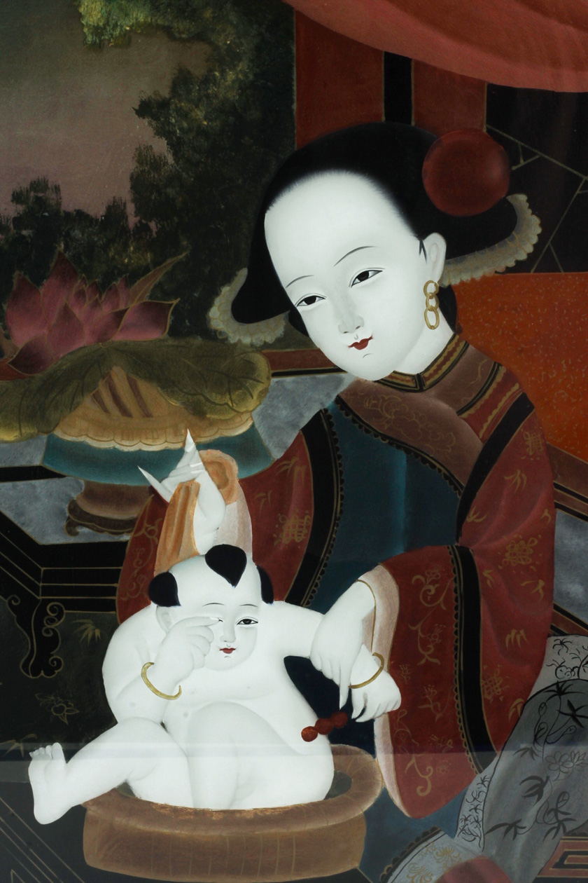 Chinese Églomisé Painting of a Woman Bathing Child