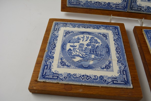 Collection of Wood Framed "Blue Willow" Tile Trivets