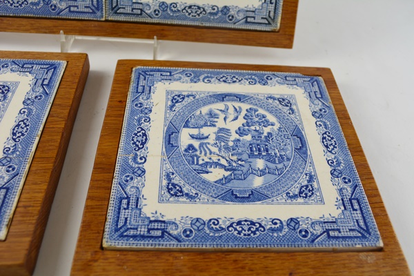 Collection of Wood Framed "Blue Willow" Tile Trivets
