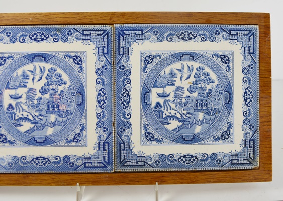 Collection of Wood Framed "Blue Willow" Tile Trivets