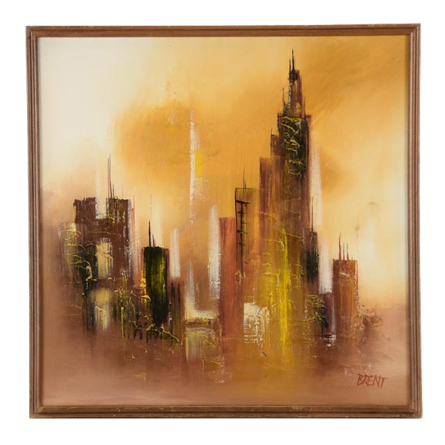 Brent Signed Vintage Original Acrylic Cityscape Painting