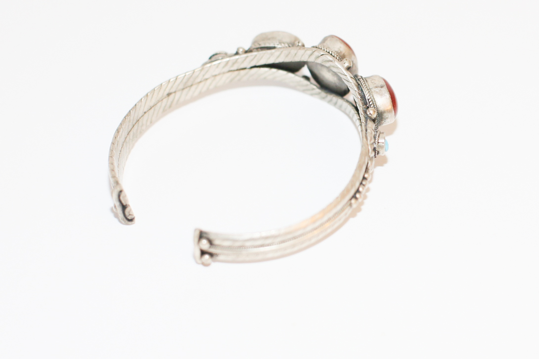 Chalcedony and Turquoise Silver Toned Metal Cuff Bracelet