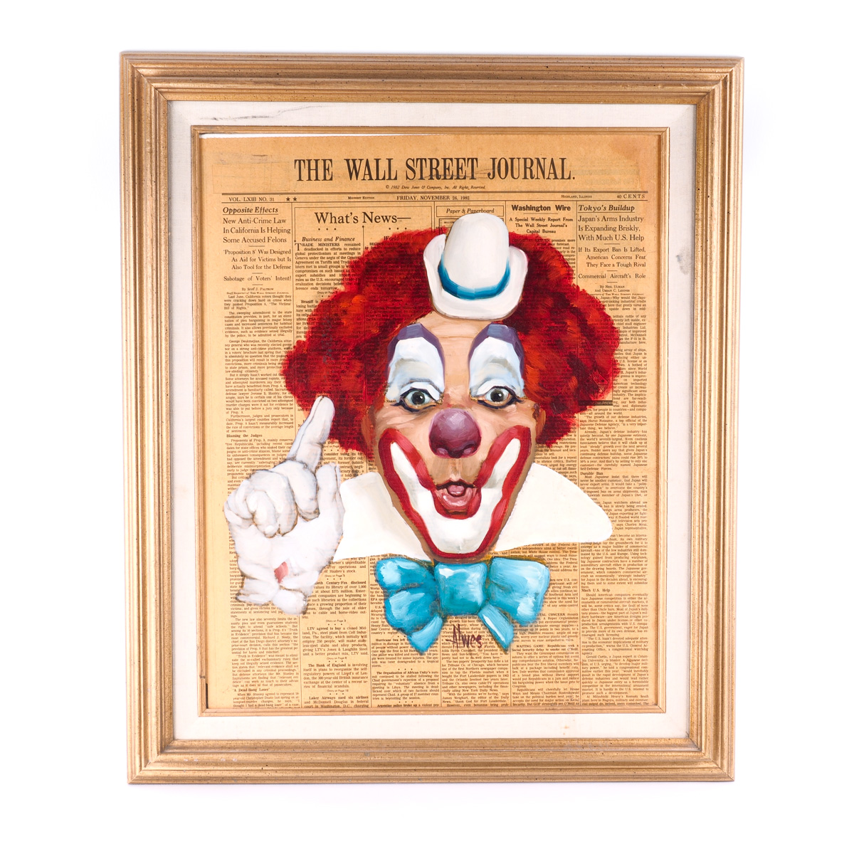 Framed Clown  Oil Portrait on The Wall Street Journal  by John Bernard Alwes
