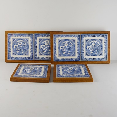 Collection of Wood Framed "Blue Willow" Tile Trivets