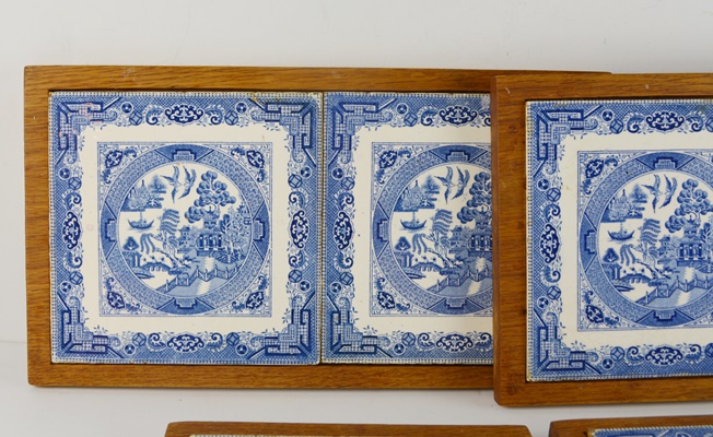 Collection of Wood Framed "Blue Willow" Tile Trivets