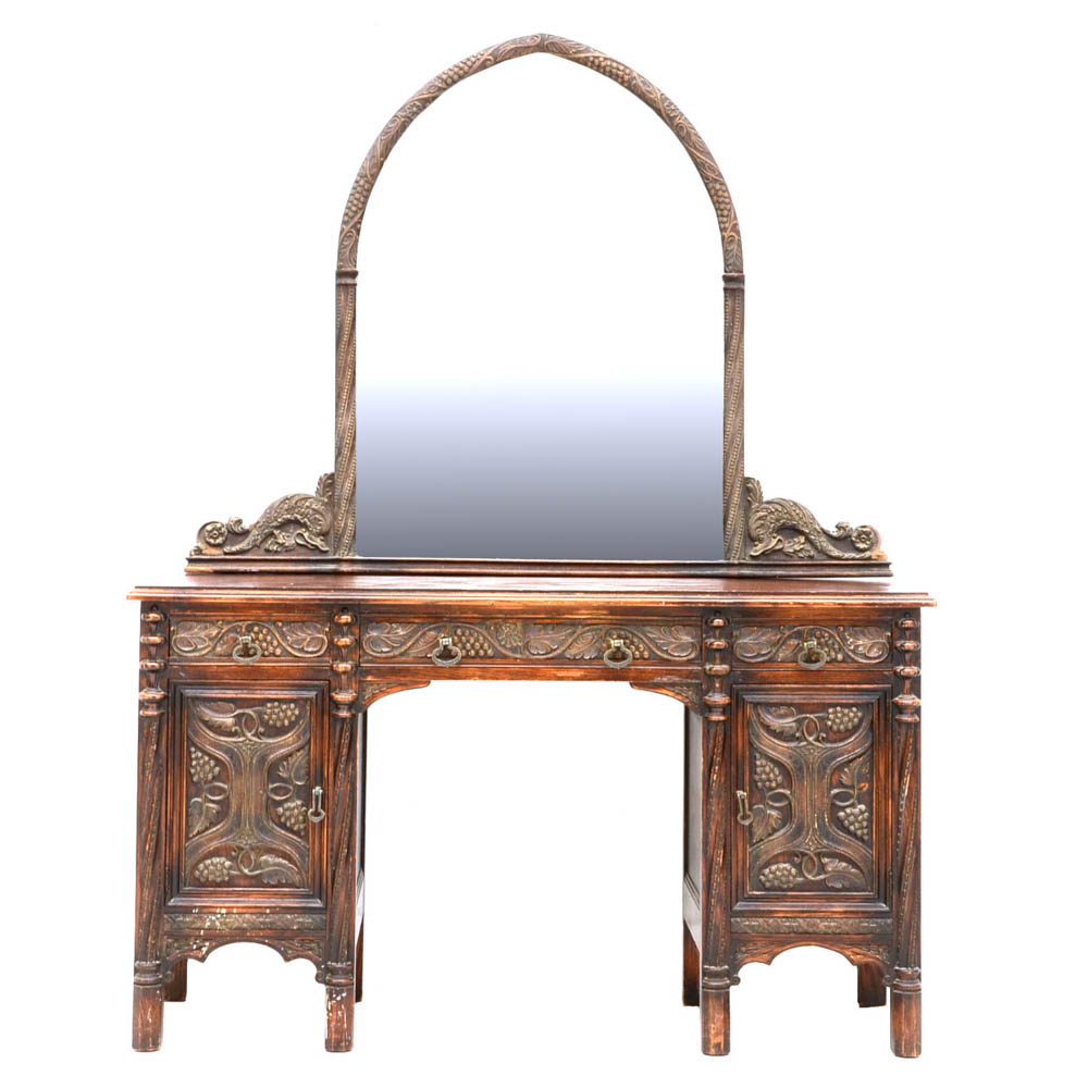 Vintage Ornate Walnut Vanity Desk with Mirror