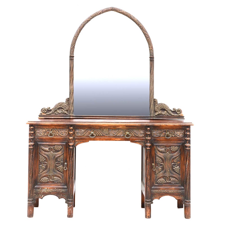 Vintage Ornate Walnut Vanity Desk with Mirror
