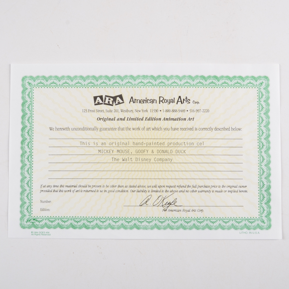 Hand Painted Disney Production Cell of Mickey Mouse, Goofy and Donald Duck