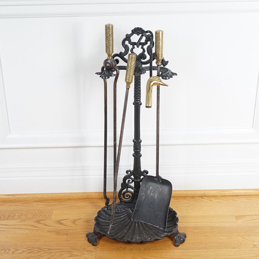 Antique Cast Iron and Brass Fireplace Tool Set