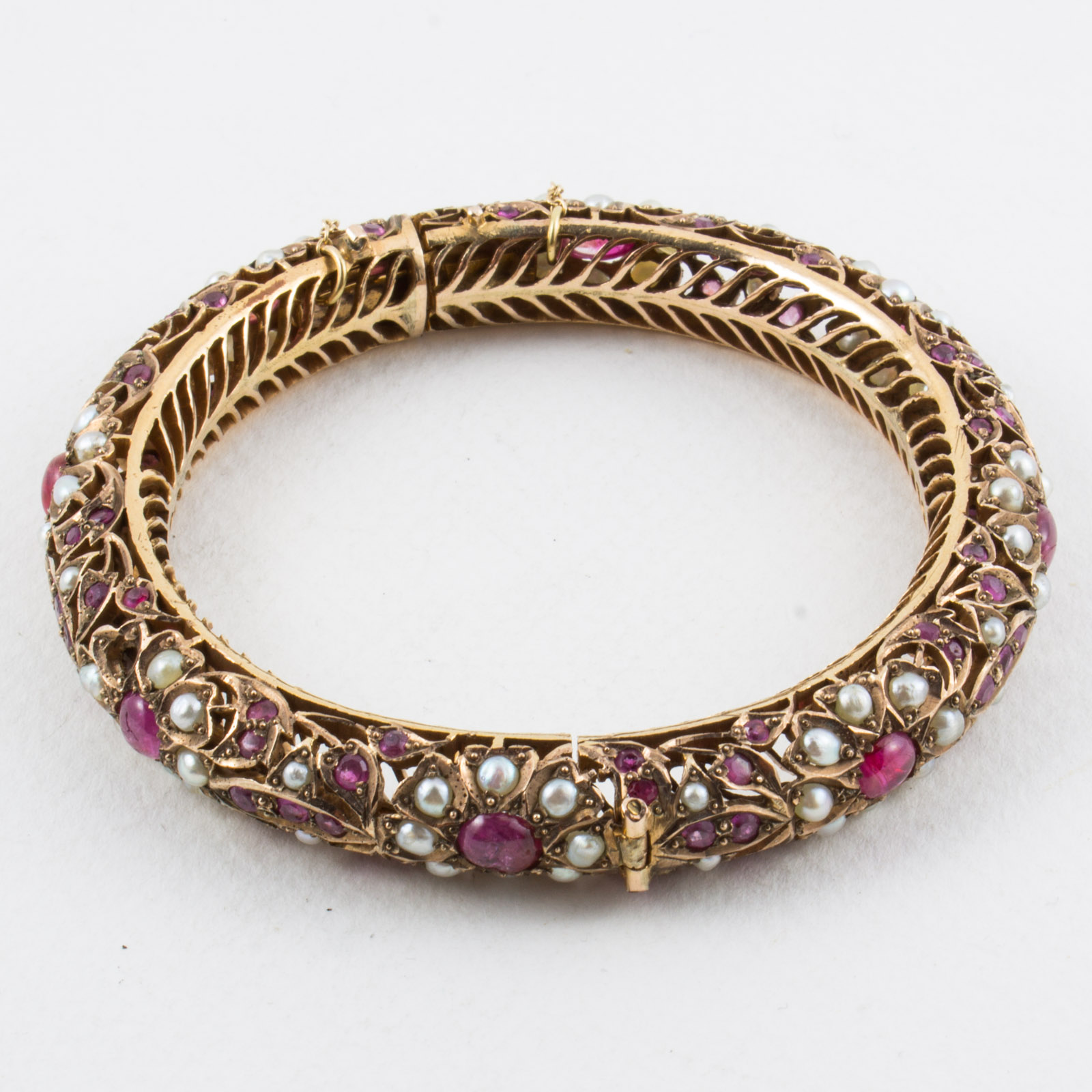 8 Karat Gold Indian Bangle With Rubies and Seed Pearls