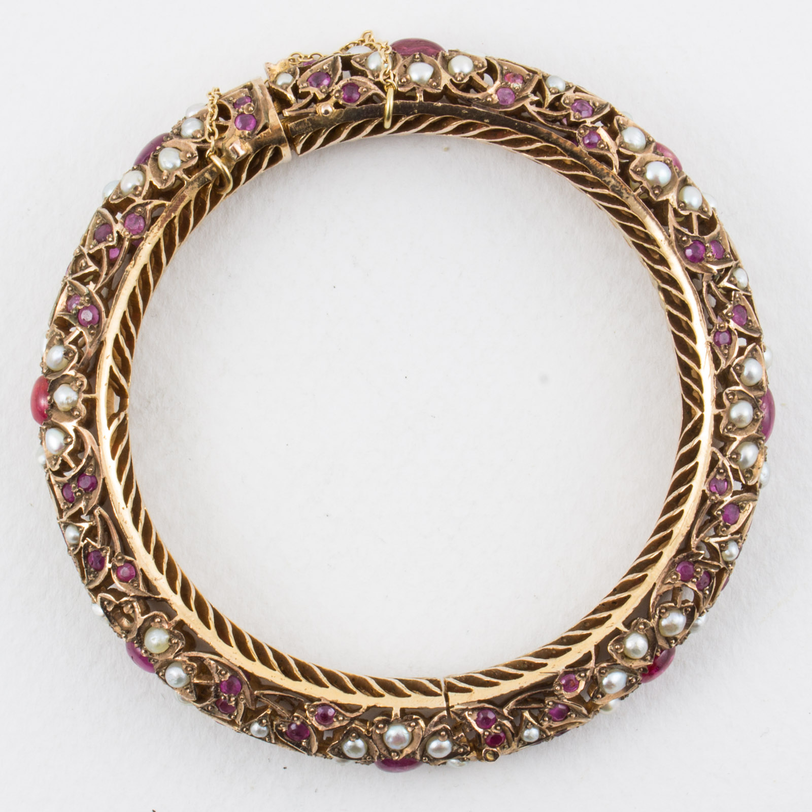 8 Karat Gold Indian Bangle With Rubies and Seed Pearls