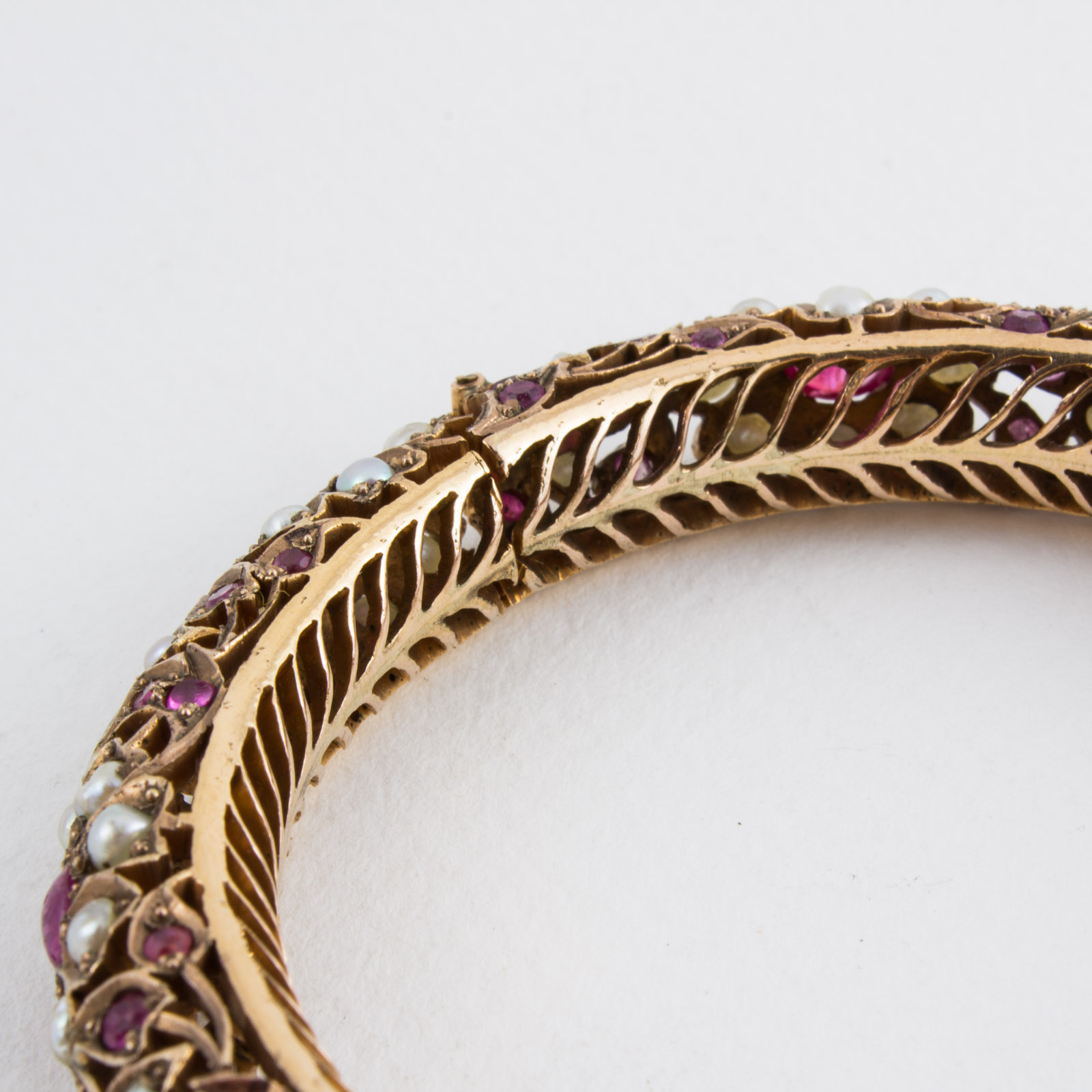 8 Karat Gold Indian Bangle With Rubies and Seed Pearls