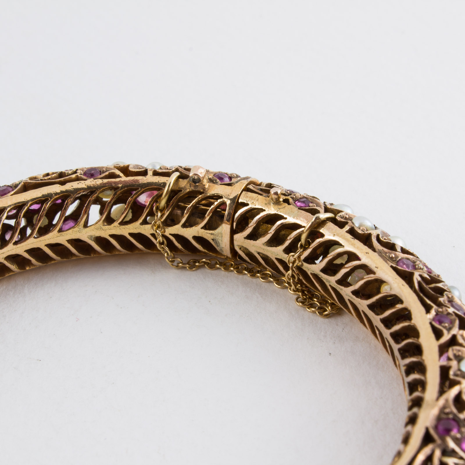 8 Karat Gold Indian Bangle With Rubies and Seed Pearls