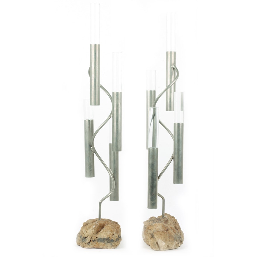 Pair of 1970s Lucite, Metal and Rock Art Scuptures