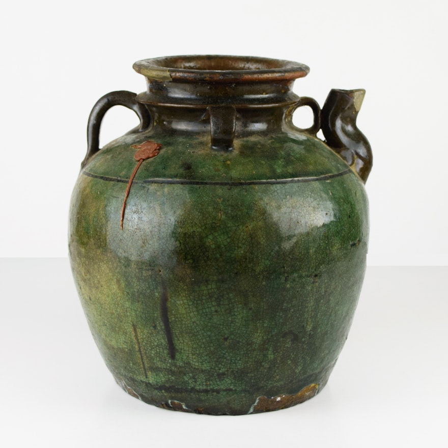 Antique Chinese Wine Jug in Thick Green Glaze