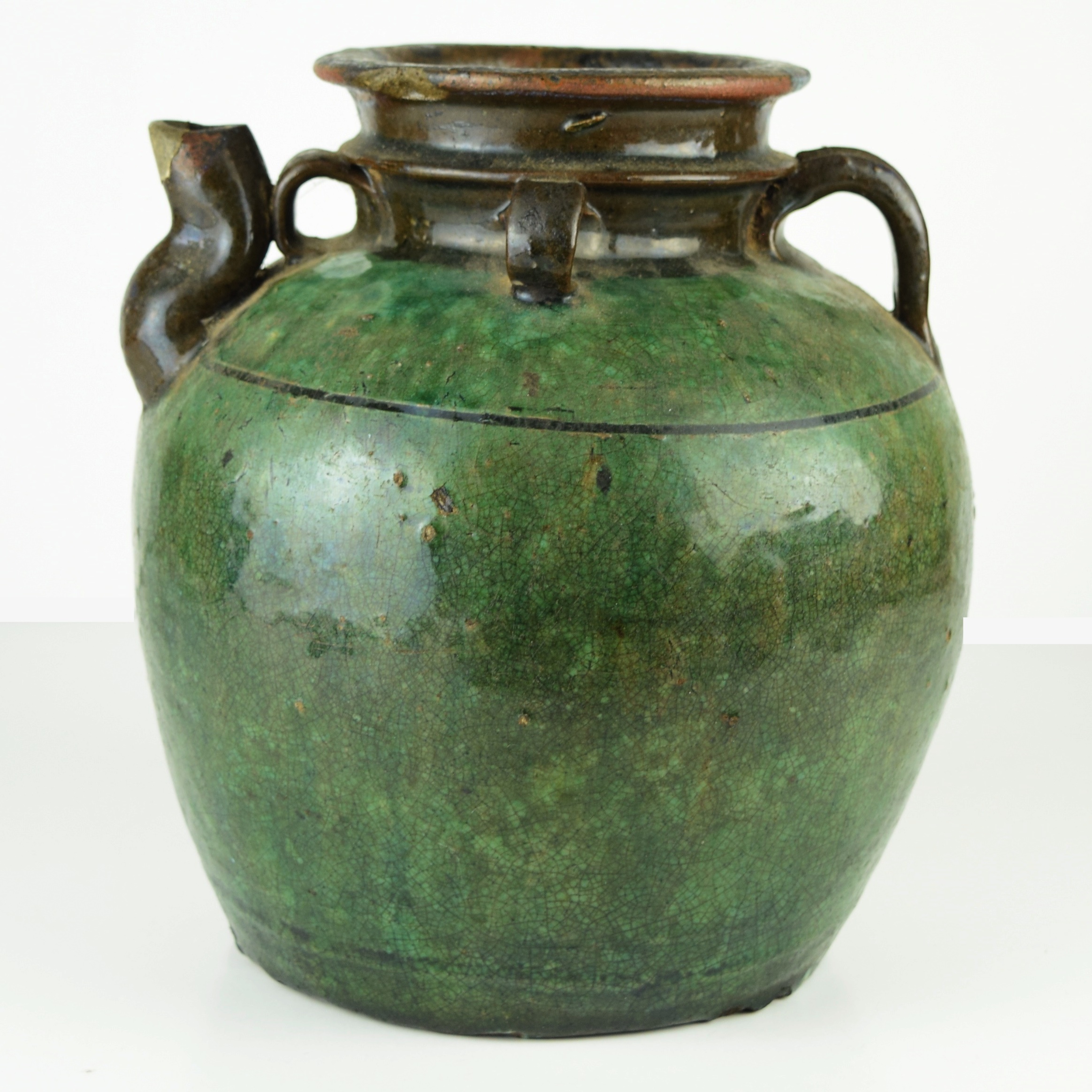 Antique Chinese Wine Jug in Thick Green Glaze
