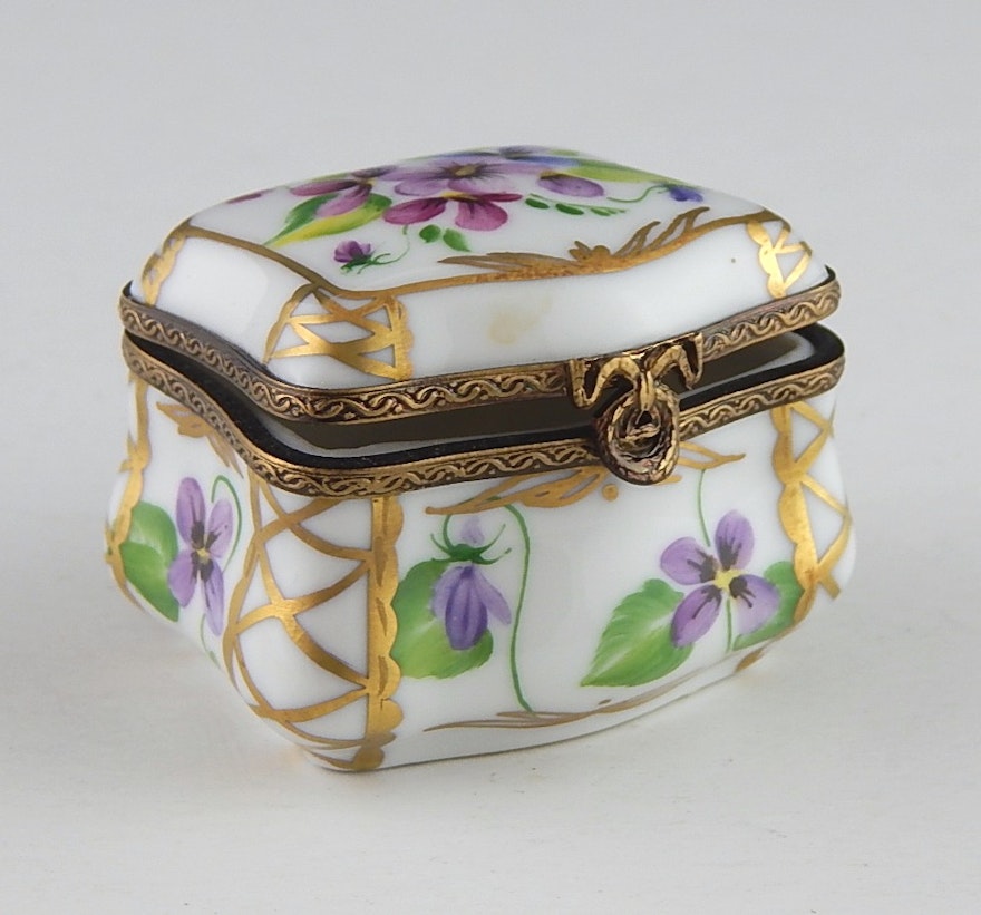 Small Hand-Painted Limoges Trinket Box - Purple Violets