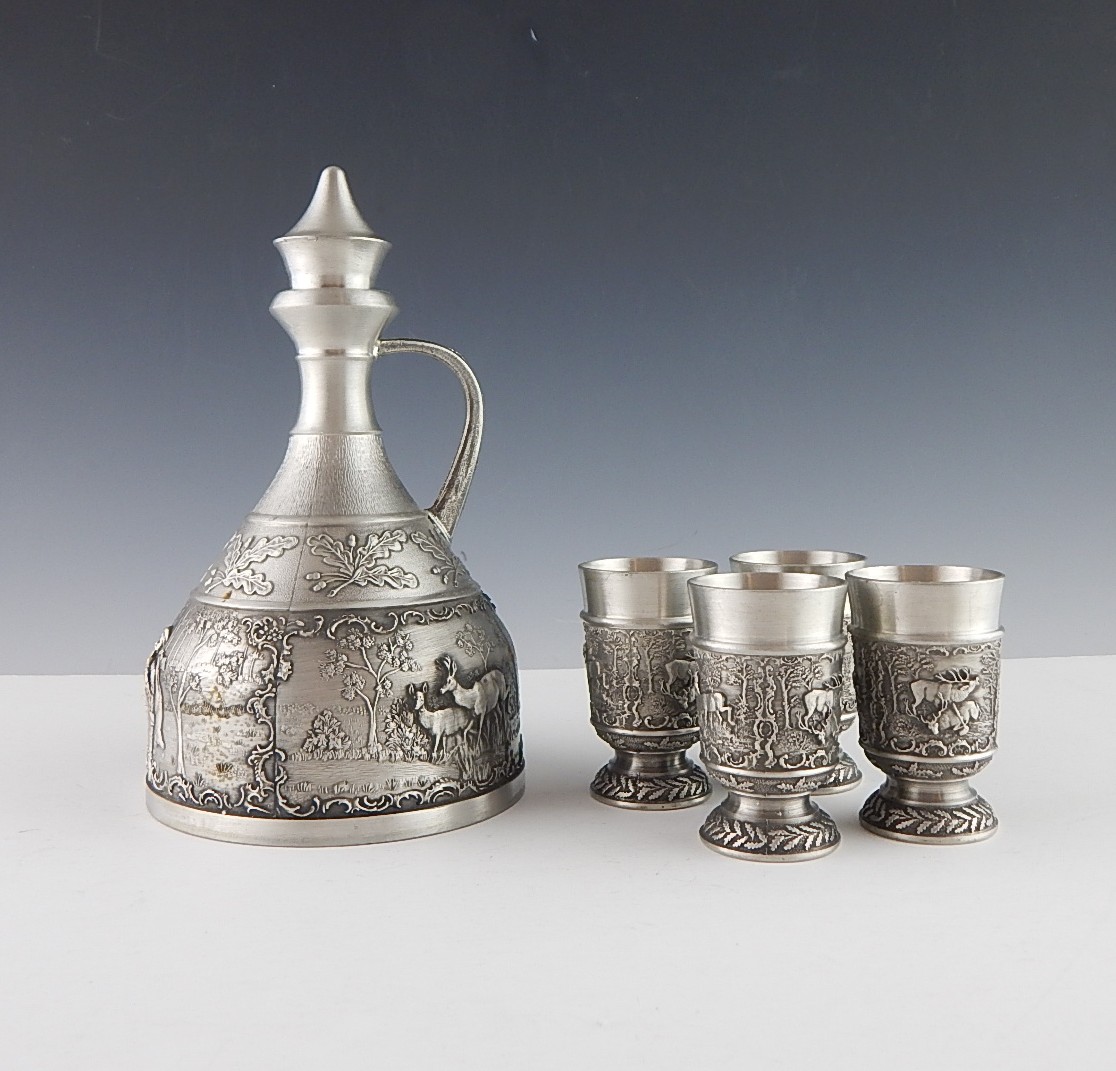 SKS Zinn Germany Pewter Decanter and Shot Glasses