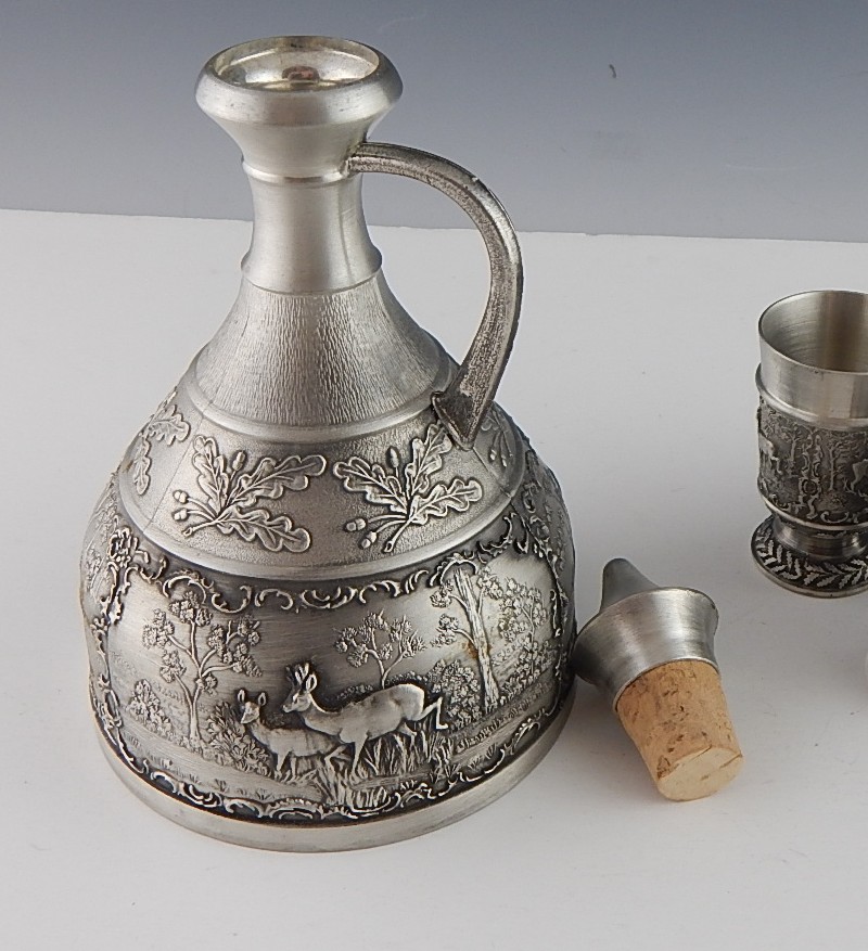 SKS Zinn Germany Pewter Decanter and Shot Glasses
