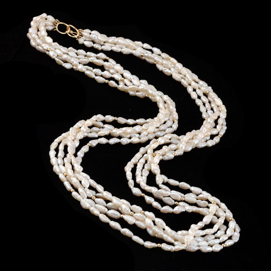 Five Strand 14K Yellow Gold Freshwater Rice Pearl Necklace