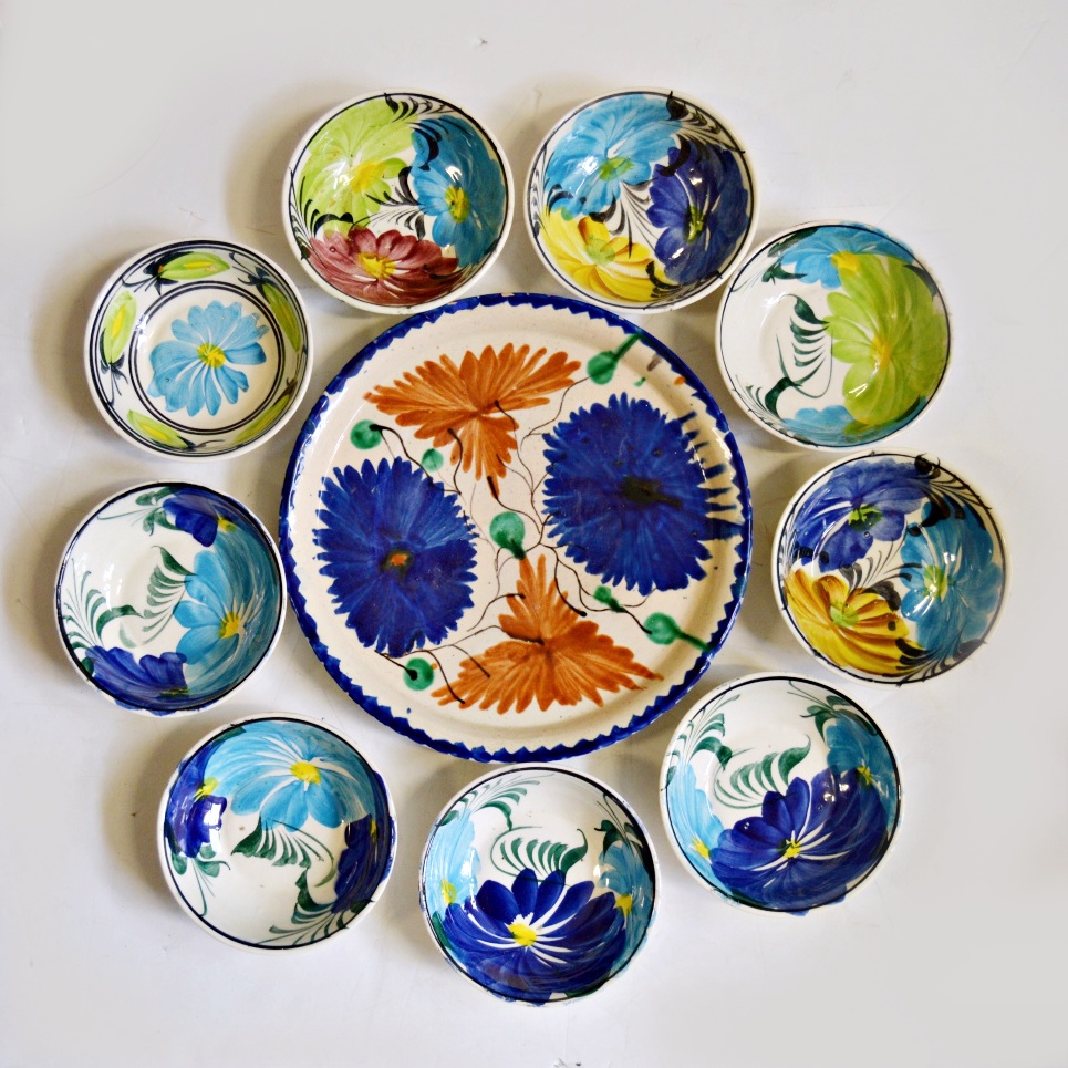 Mid Century Mexican Hand Painted Ceramic Bowls and Platter