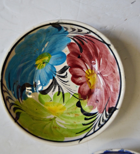 Mid Century Mexican Hand Painted Ceramic Bowls and Platter