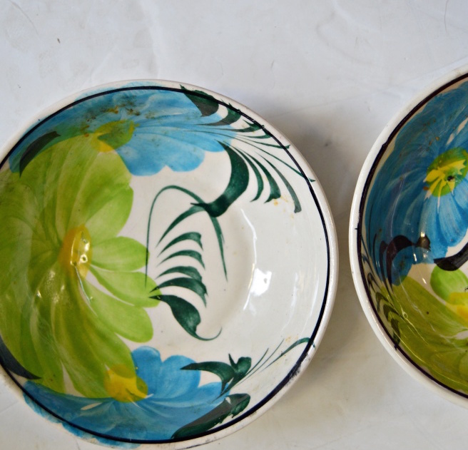 Mid Century Mexican Hand Painted Ceramic Bowls and Platter