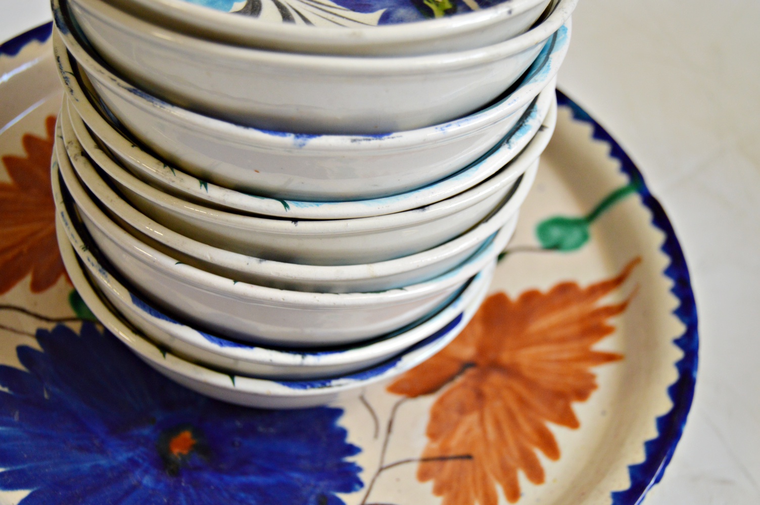 Mid Century Mexican Hand Painted Ceramic Bowls and Platter