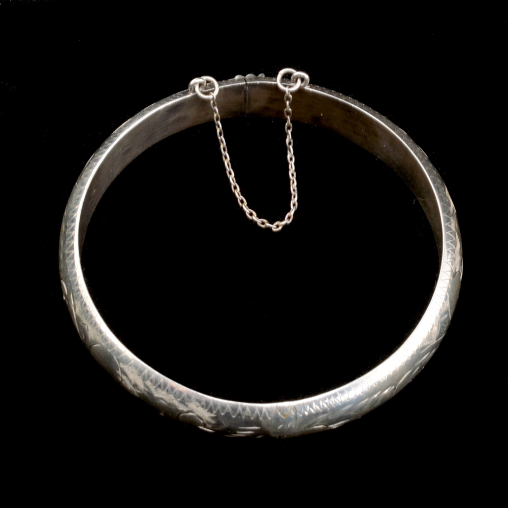 Sterling Silver Chased Hinged Bangle Bracelet