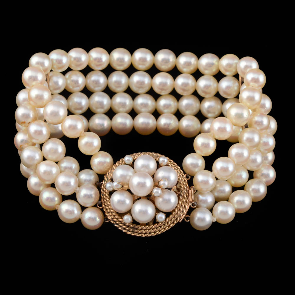 14K Yellow Gold Multi-Strand Cultured Pearl Bracelet