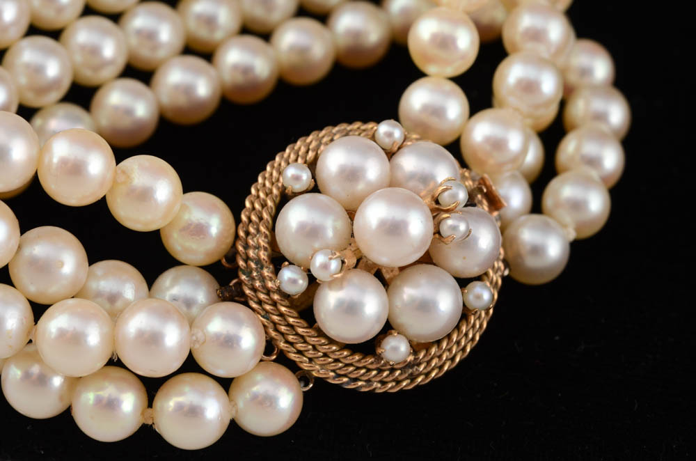 14K Yellow Gold Multi-Strand Cultured Pearl Bracelet