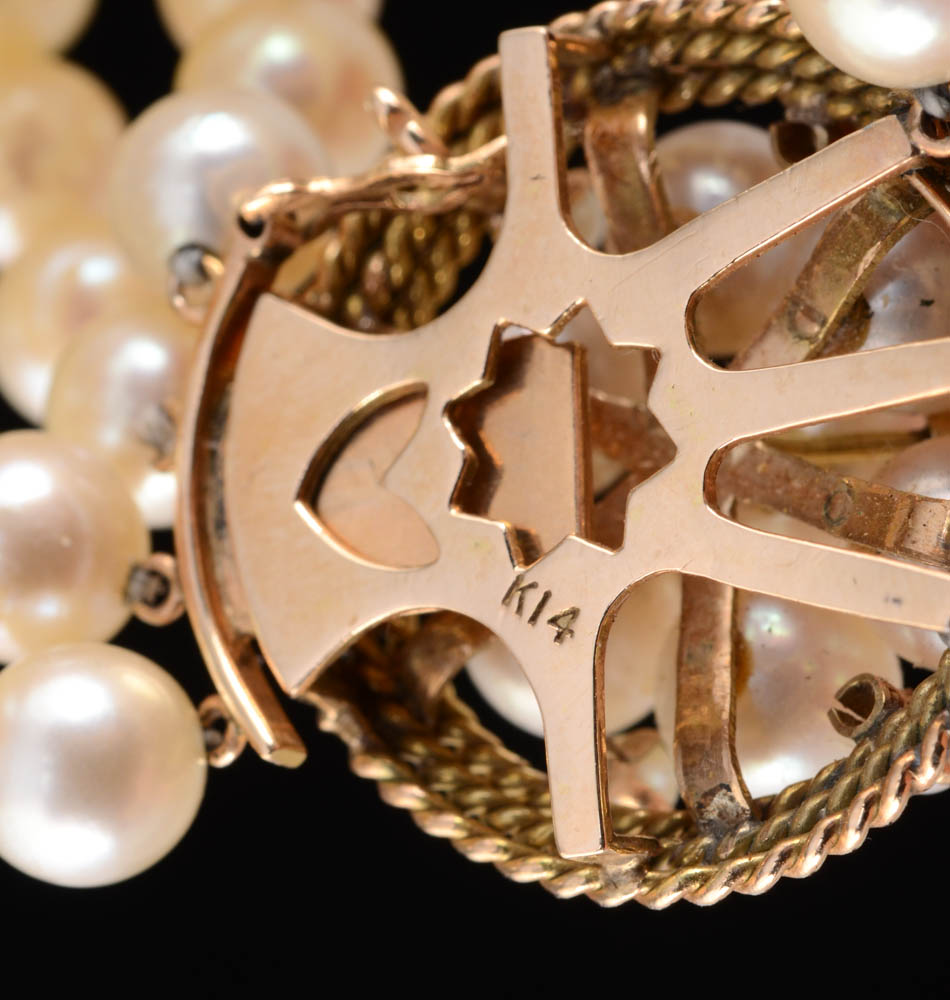 14K Yellow Gold Multi-Strand Cultured Pearl Bracelet