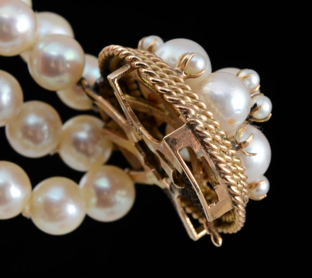 14K Yellow Gold Multi-Strand Cultured Pearl Bracelet