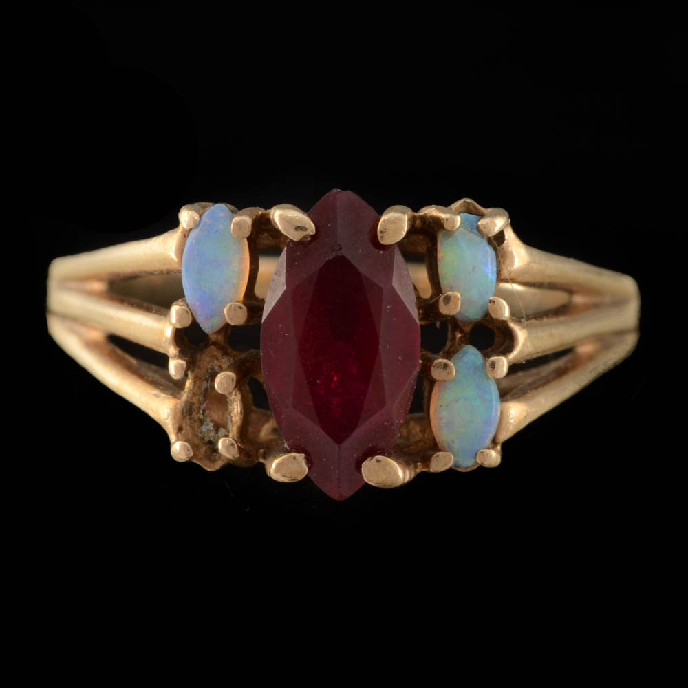 10K Yellow Gold Synthetic Ruby and Natural Opal Ring