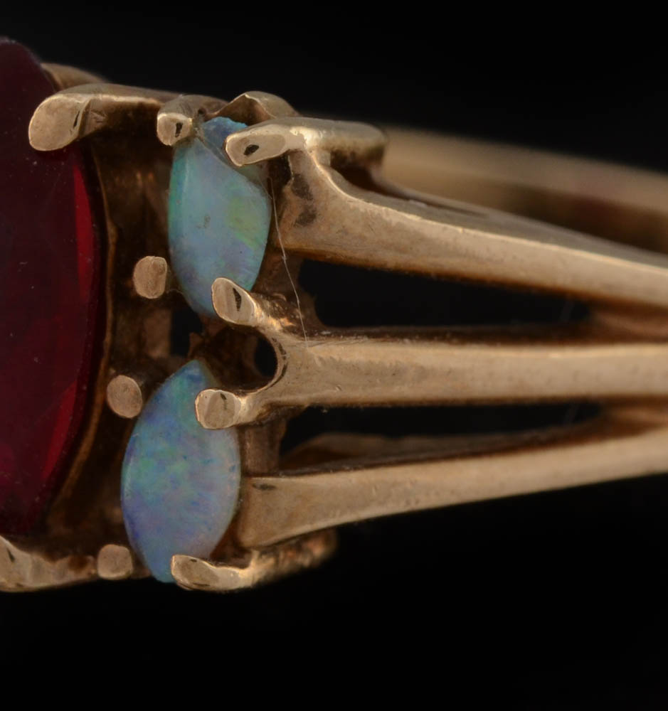 10K Yellow Gold Synthetic Ruby and Natural Opal Ring
