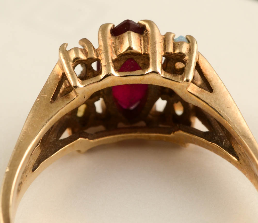 10K Yellow Gold Synthetic Ruby and Natural Opal Ring