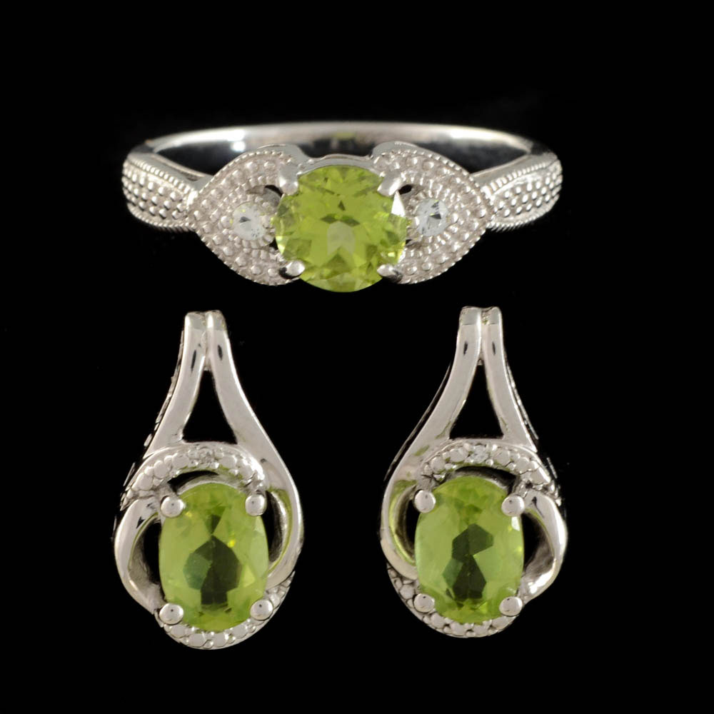 Sterling Silver Peridot and Diamond Earrings and Sterling Peridot and White Topaz Ring