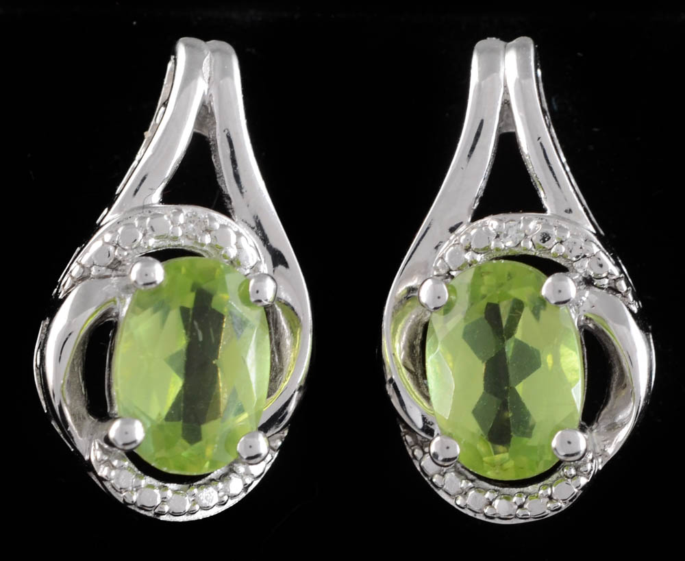 Sterling Silver Peridot and Diamond Earrings and Sterling Peridot and White Topaz Ring