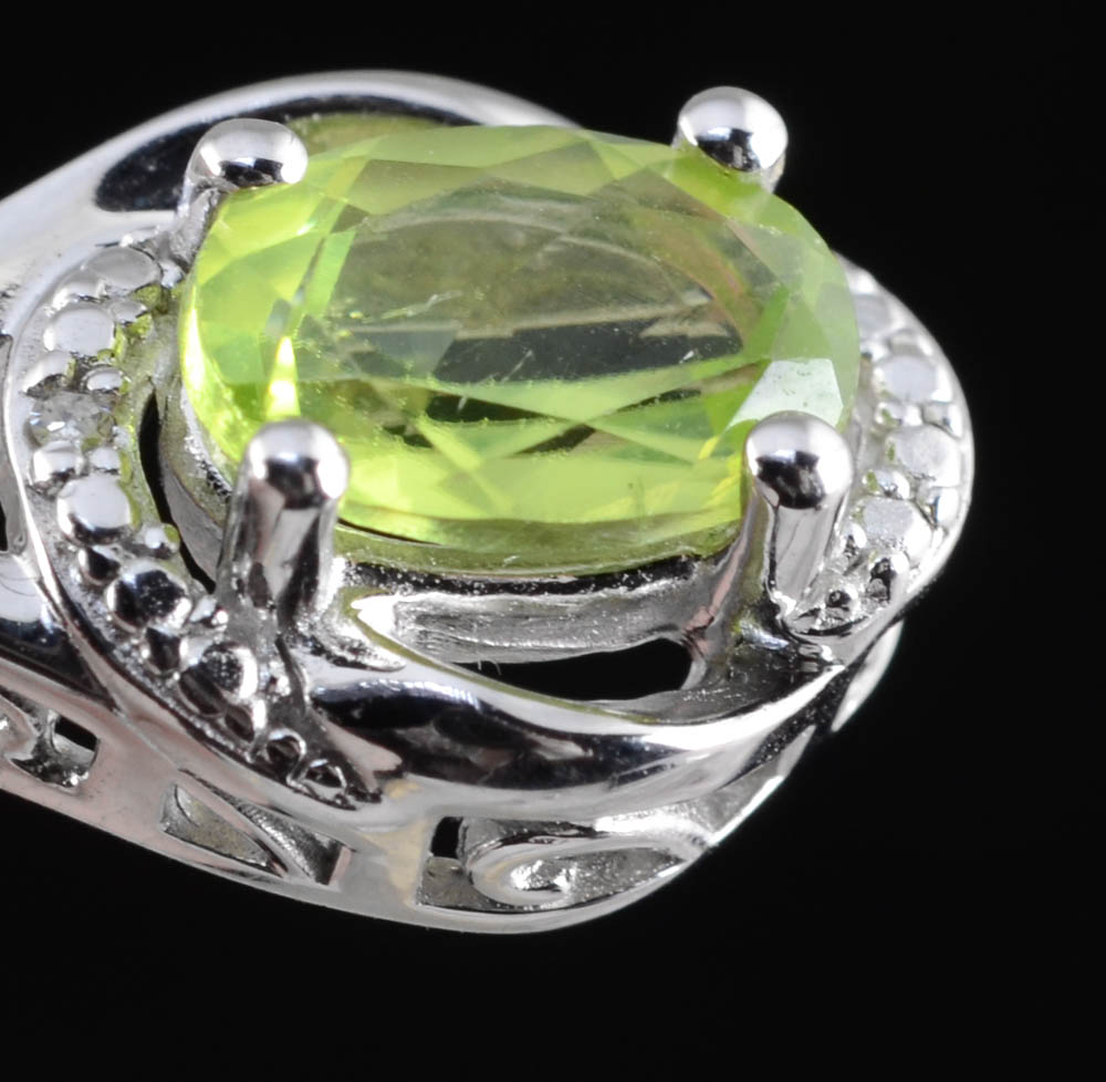 Sterling Silver Peridot and Diamond Earrings and Sterling Peridot and White Topaz Ring