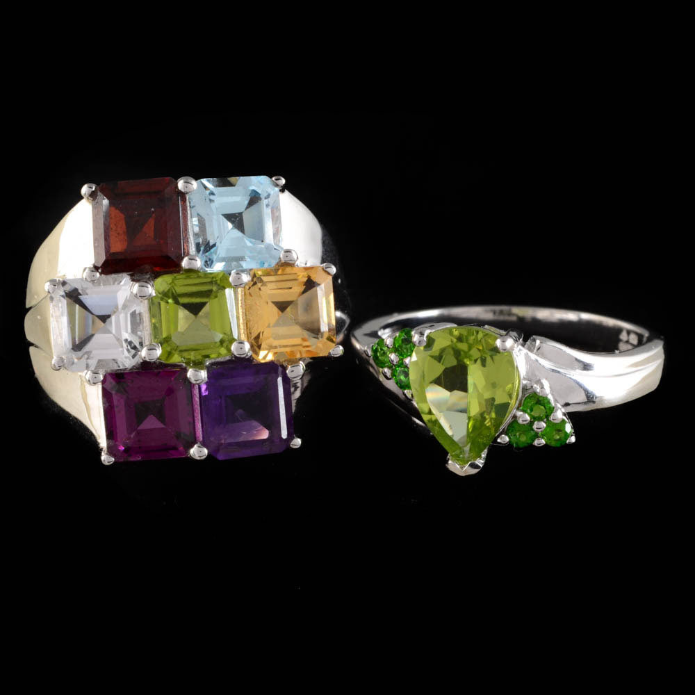 Sterling Silver Chrome Diopside and Peridot Ring and Sterling Multi-Color Gemstone Ring