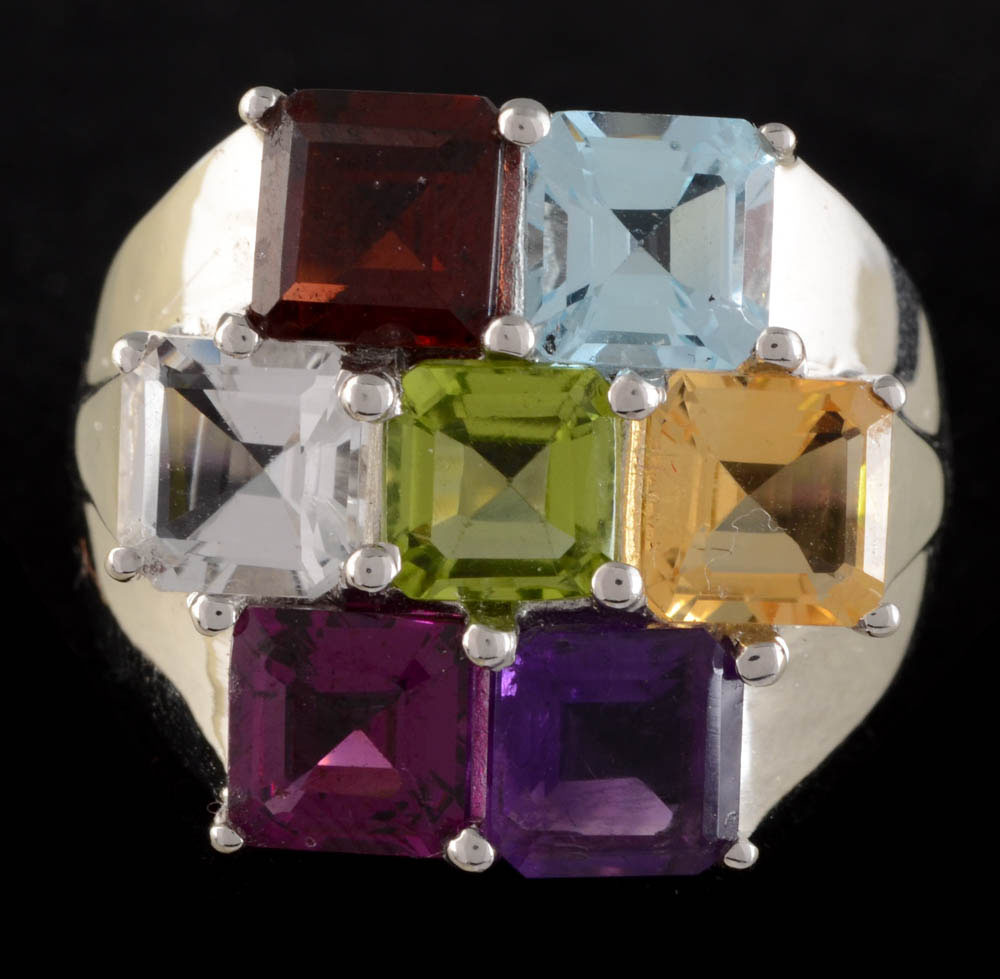 Sterling Silver Chrome Diopside and Peridot Ring and Sterling Multi-Color Gemstone Ring