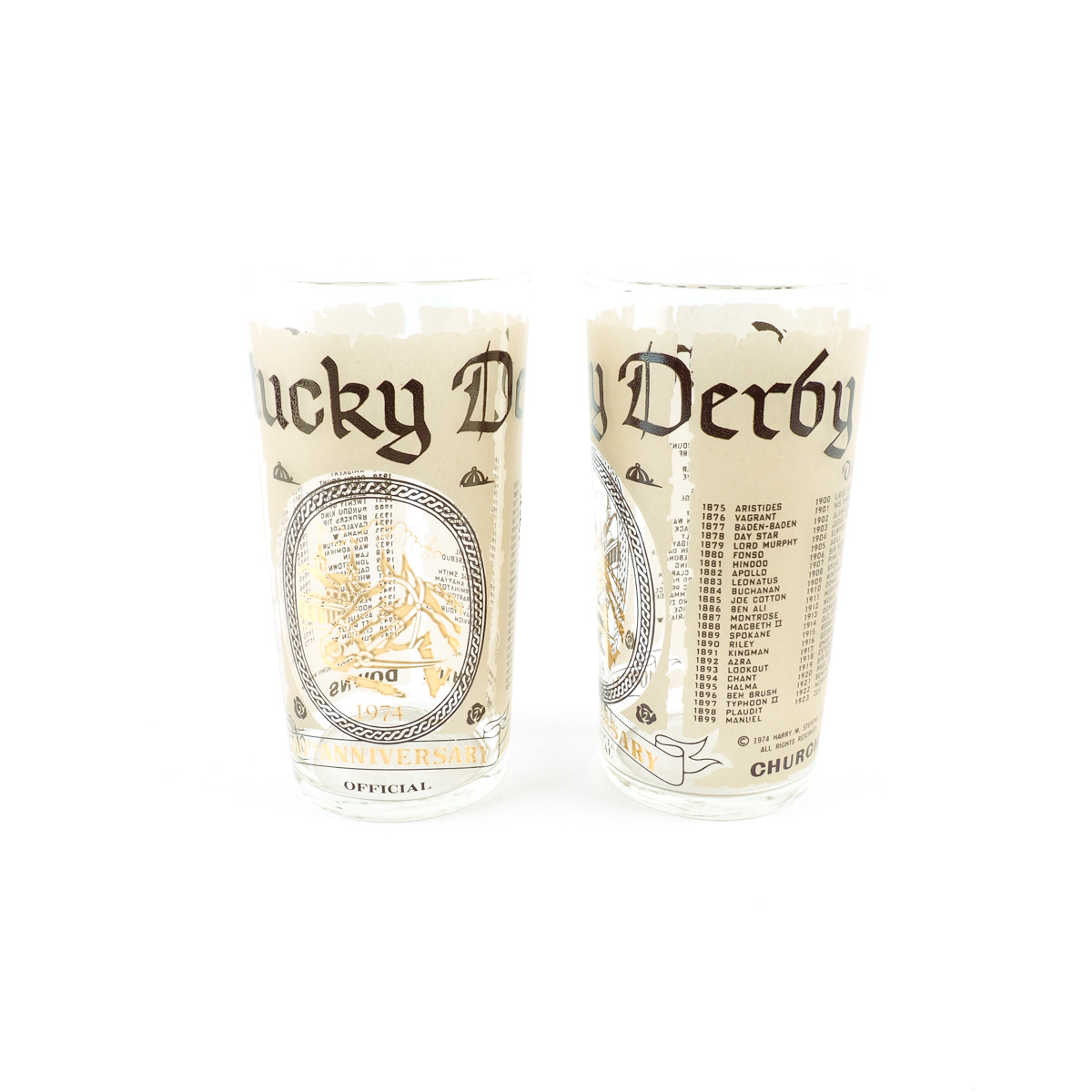 Two 1974 Kentucky Derby Glasses "Canonero II"