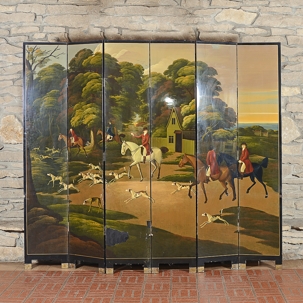 Hand-Painted Fireplace Screen with a Hunting Scene