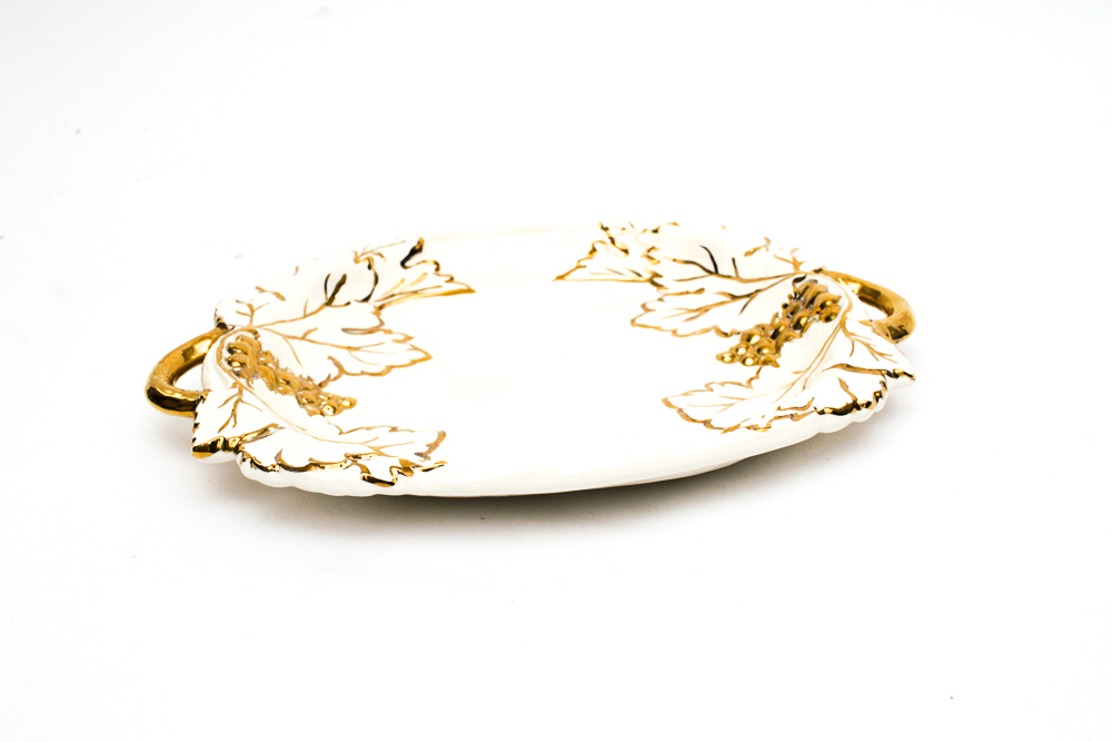 Vintage Ceramic Tray with Gold Tone Grape Leaf Motif