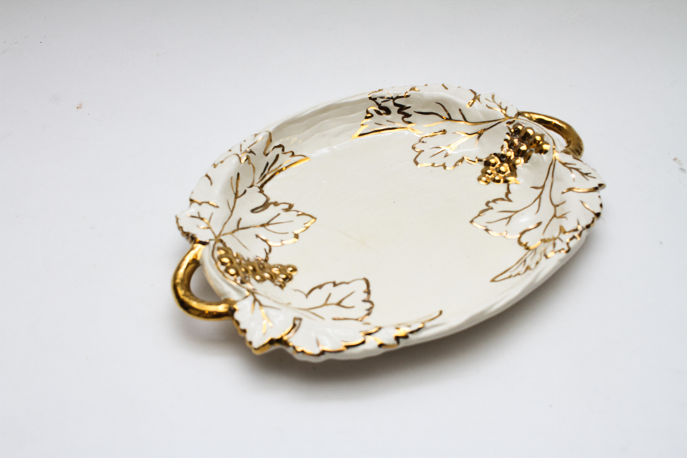 Vintage Ceramic Tray with Gold Tone Grape Leaf Motif