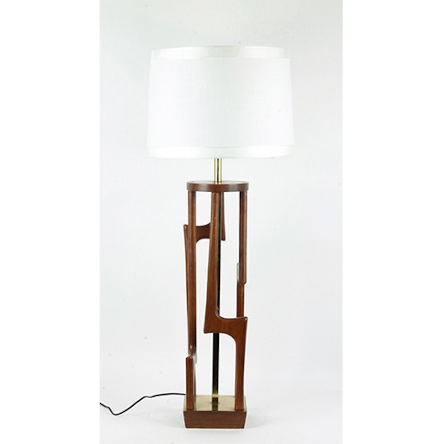 Mid-Century Modern Teak Wood and Brass Table Lamp