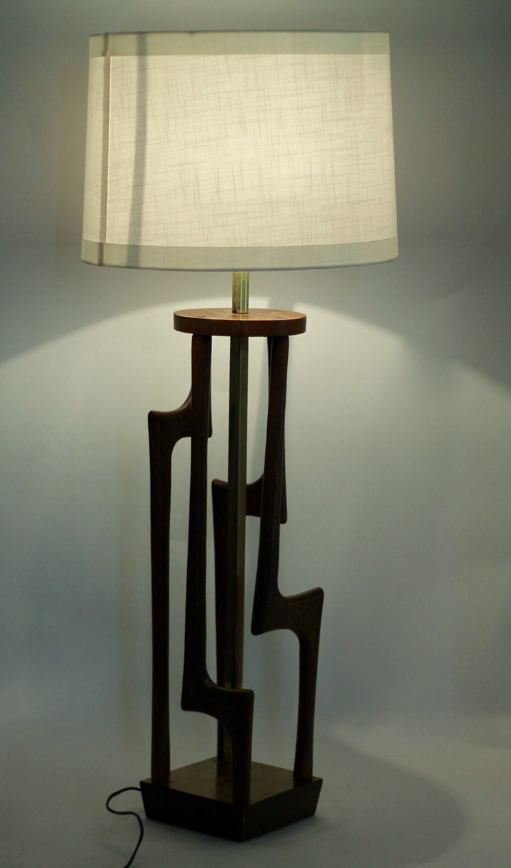 Mid-Century Modern Teak Wood and Brass Table Lamp
